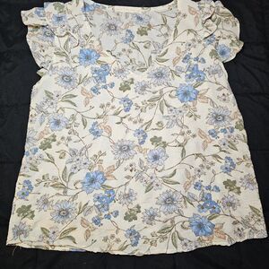 Juniors' Fair Haven Double Ruffle Crinkle Top Ivory Floral XL